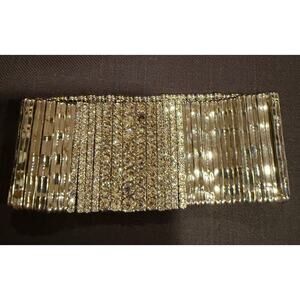 Vintage rhinestone 2" wide stretch bracelet textured metal bars 8" boho glam